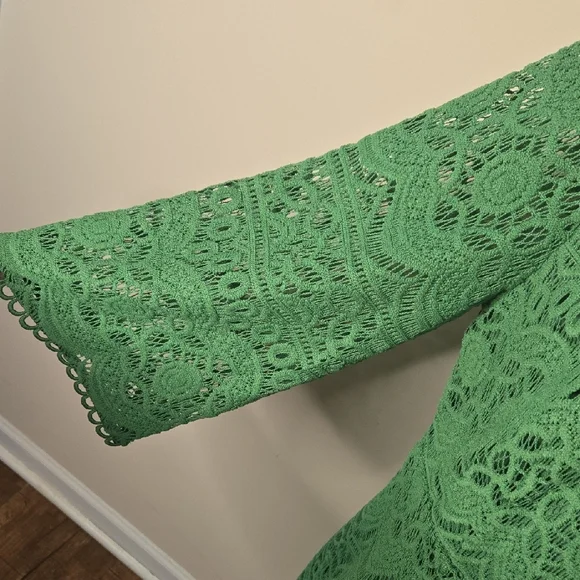 Chico’s Kelly Green Crochet-Style Lace Dress NWT Long Sleeve Midi Embroidered - Picture 3 of 10